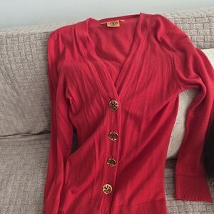 Tory Burch Vibrant Red Cardigan with Gold Buttons